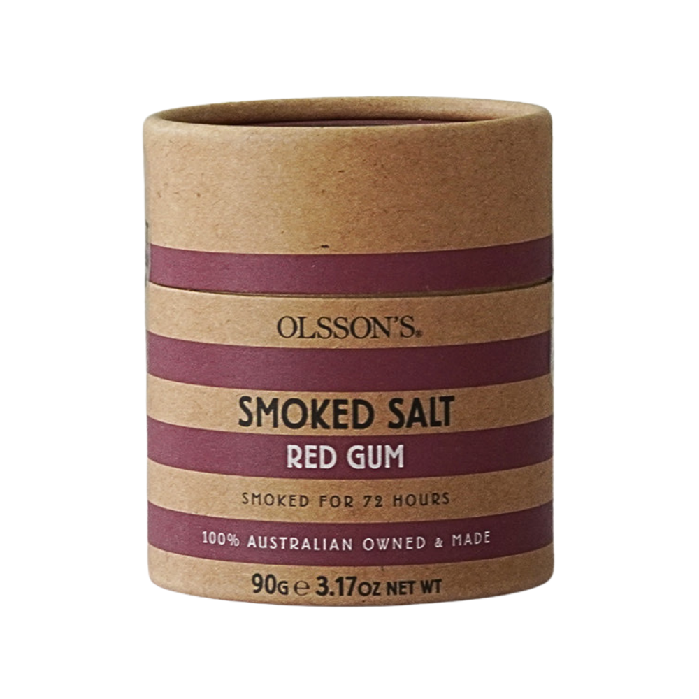 A cylindrical kraft paper container of Olsson's Smoked Salt Red Gum, featuring a label with horizontal brown and dark red stripes and black text, set against a plain white background.