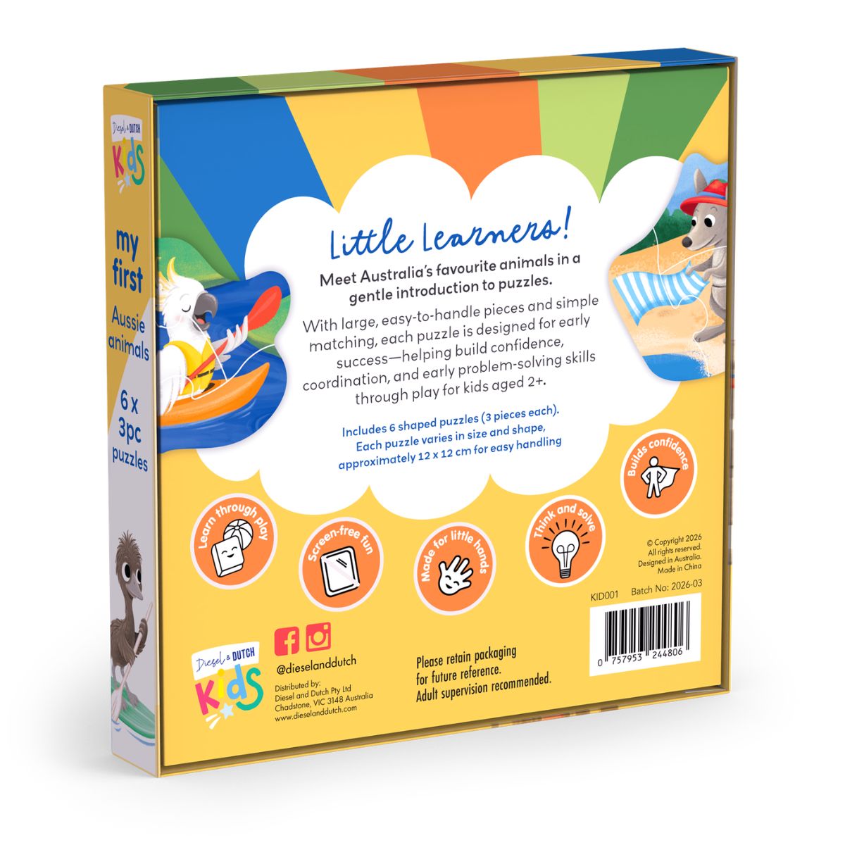 The back of Australian Animal puzzle box. Bright cartoon illustrations on the puzzles