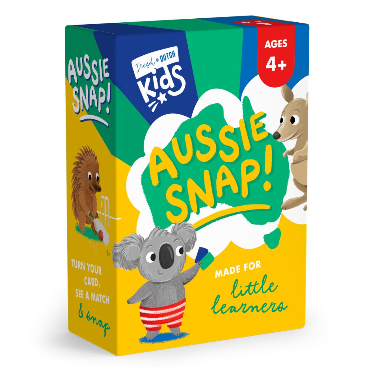 A boxed children's card game called 'Aussie Snap!' shown on a clean white background. The box is bright yellow, green, and blue with cartoon illustrations of a koala, kangaroo, and hedgehog, plus text including 'Ages 4+' and 'Made for little learners.
