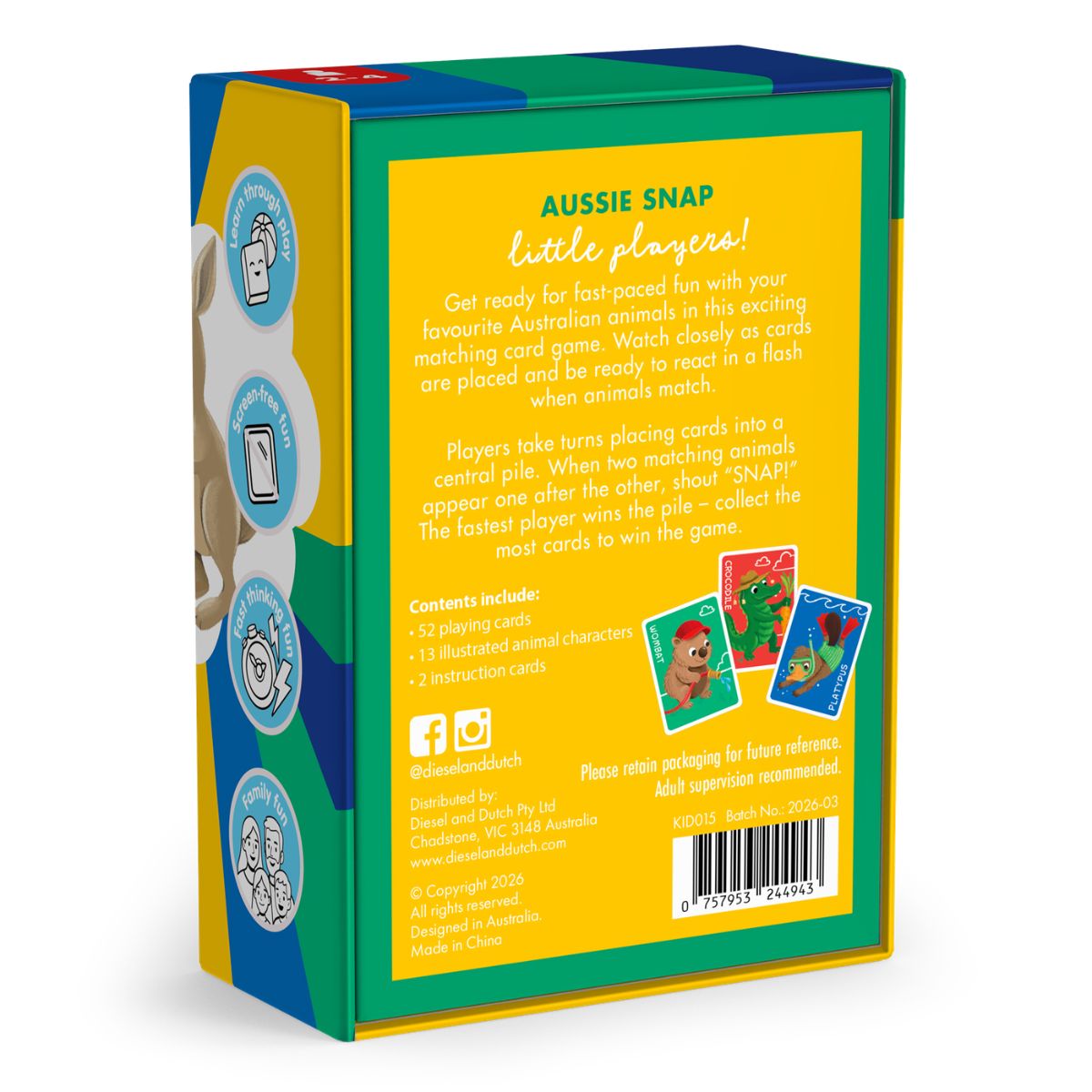 The back of the box for the 'Aussie Snap Little Players' matching card game, showing the yellow back panel with rules text, Australian animal illustrations, and a barcode on a white background.