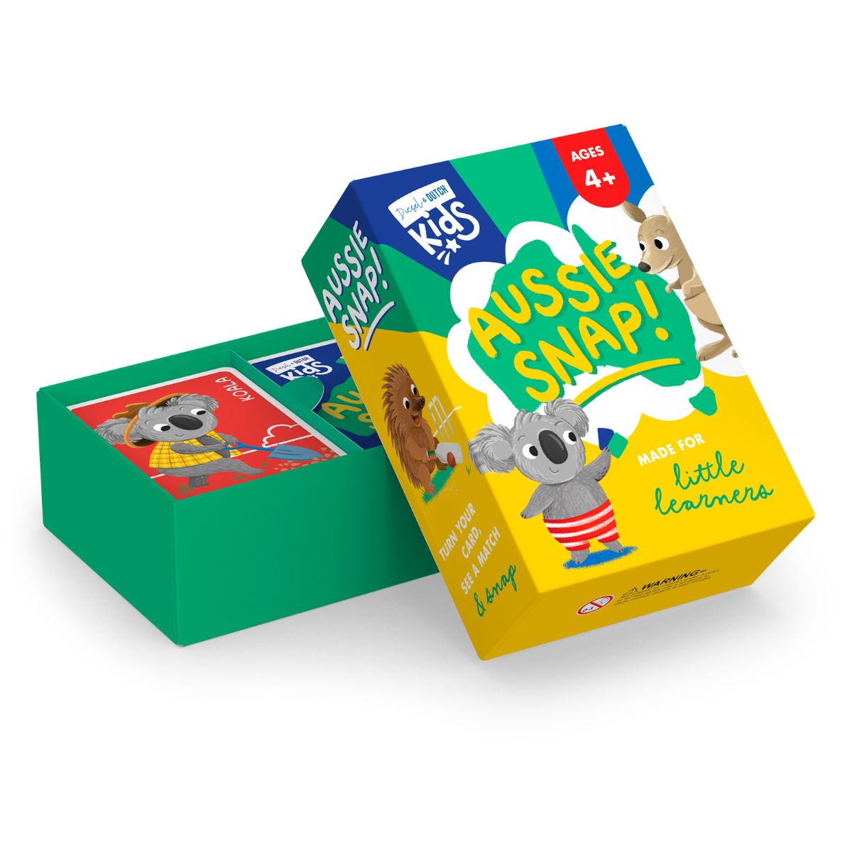 A boxed children's card game called Aussie Snap! shown with its green base box and a tilted yellow-and-green package. The packaging features cartoon koalas, a kangaroo, and text including 'Ages 4+' and 'Made for little learners.