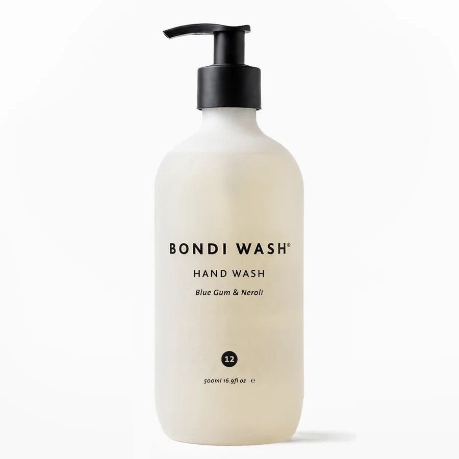 A bottle of Bondi Wash Hand Wash in Blue Gum & Neroli scent, featuring a frosted off-white bottle and a black pump dispenser, set against a clean white background.