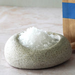 A brown paper bag of Olsson's Sea Salt Flakes Blossoms stands on a light surface against a pale gray wall, with a small white dish of salt in front of the package.