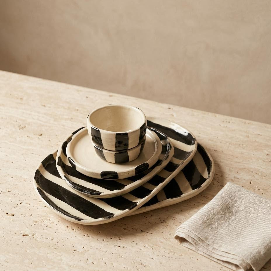 A set of handcrafted ceramic plates and a matching cup with black and cream checkerboard patterns, arranged on a textured beige stone surface next to a folded linen napkin.