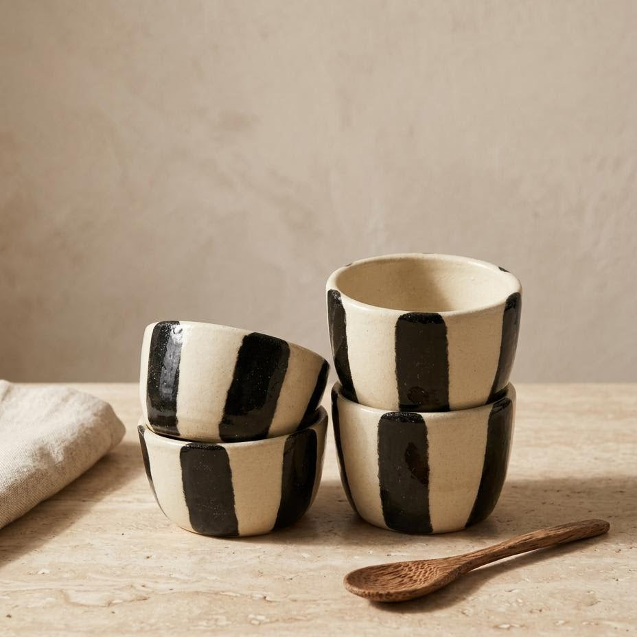 Four small ceramic cups with black and cream vertical stripes, stacked on a light wood surface next to a wooden spoon and a folded cloth, against a neutral beige background.