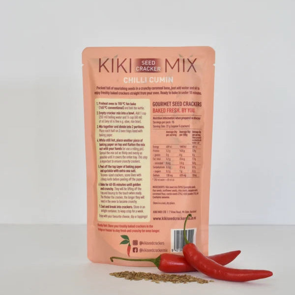 KIKI Seed Cracker Mix Chilli Cumin packaging with red chilies on a white background