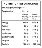 Nutrition information table for a food product with serving size, energy, protein, fat, carbohydrate, and sodium details.