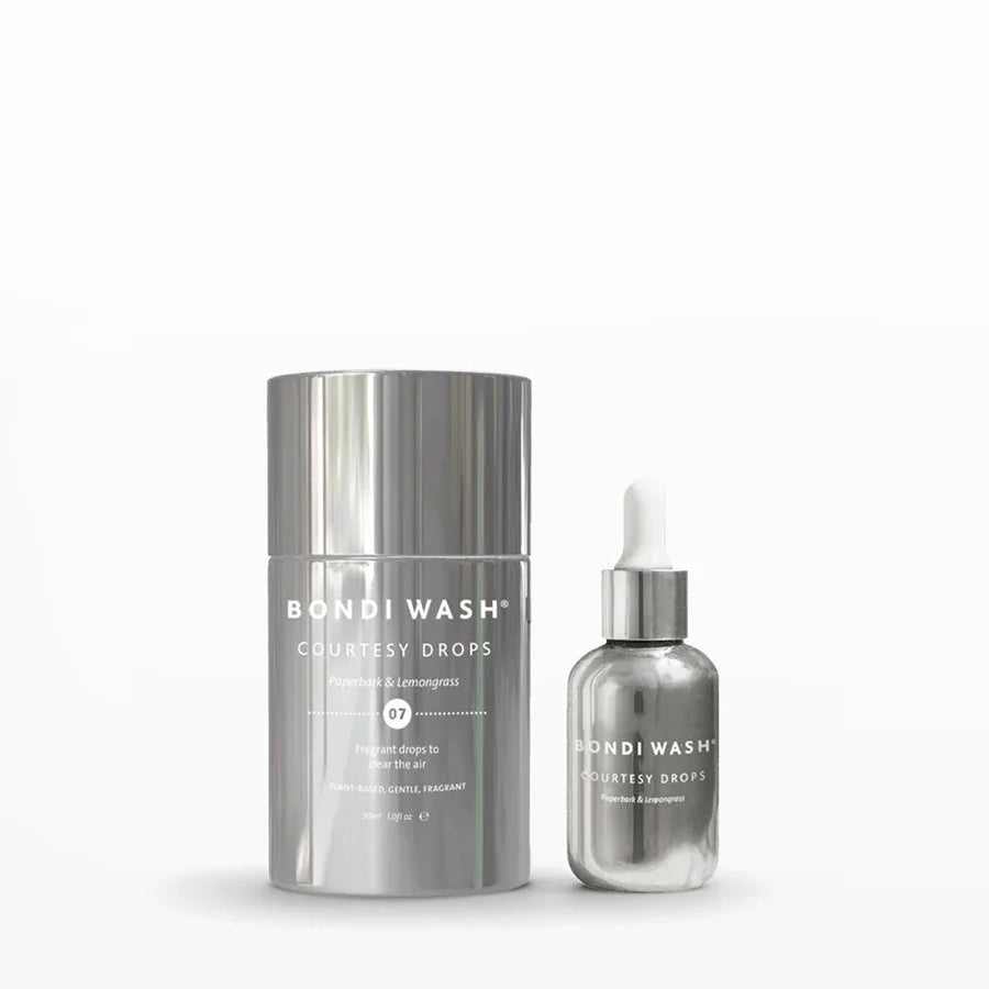 Bondi Wash Courtesy Drops skincare set featuring a tall silver cylindrical container and a smaller silver dropper bottle with a white pipette, shown on a clean white background.