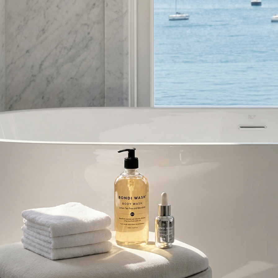 A bottle of KomiDai Wash Body Wash and a small dropper bottle with folded white towels, styled on a stone pedestal in front of a bathtub with a window overlooking the sea.
