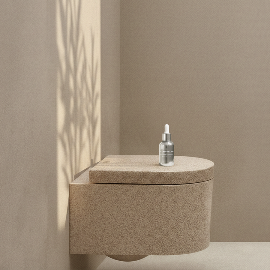 A wall-mounted toilet in a warm beige stone or concrete finish, shown in a minimalist bathroom setting with sunlight casting leaf shadows on the wall. A small glass dropper bottle sits on top of the toilet lid.