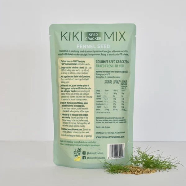 KIKI Seed Cracker Mix packaging with text and branding on a light gray background