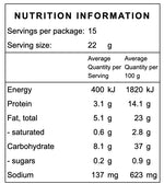 Nutrition information label for a food product with serving size, energy, protein, fat, carbohydrate, and sodium details.