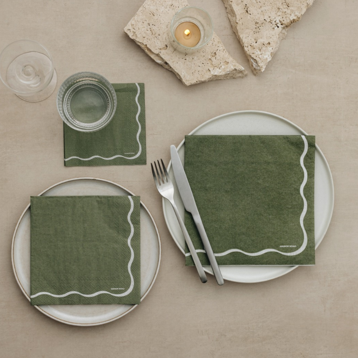 Linen Scallop Olive & White Lunch Serviette