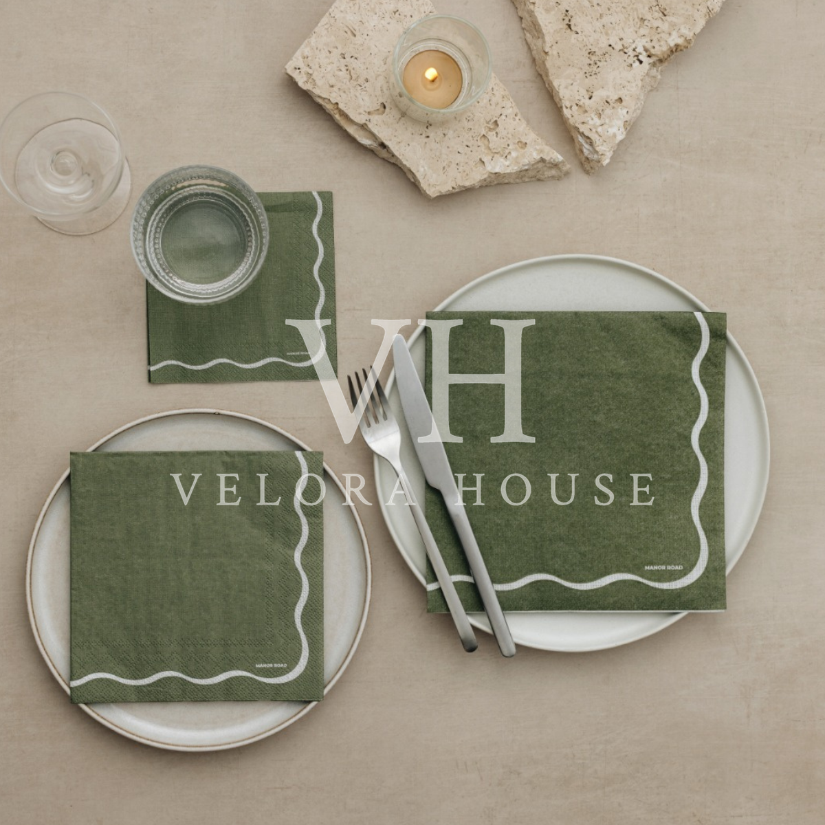 Linen Scallop Olive & White Cocktail Serviette
