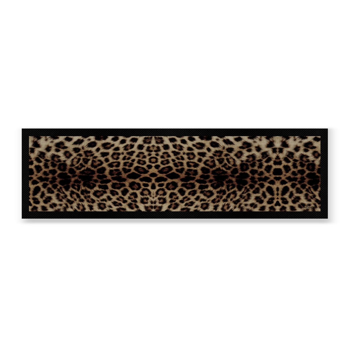 Black rubber backed bar mat with leopard print for drinks areas. Protects bench tops from spills