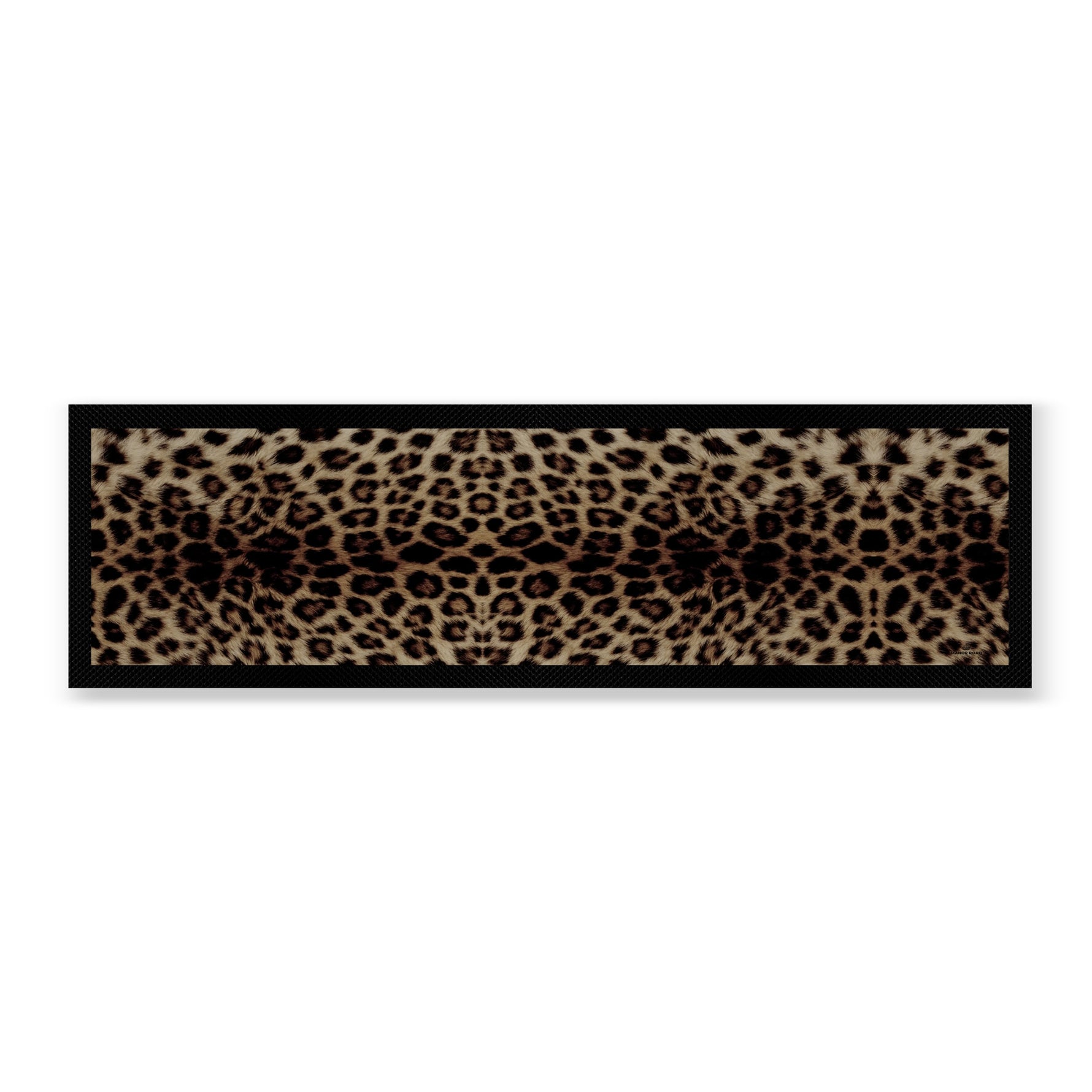 Black rubber backed bar mat with leopard print for drinks areas. Protects bench tops from spills