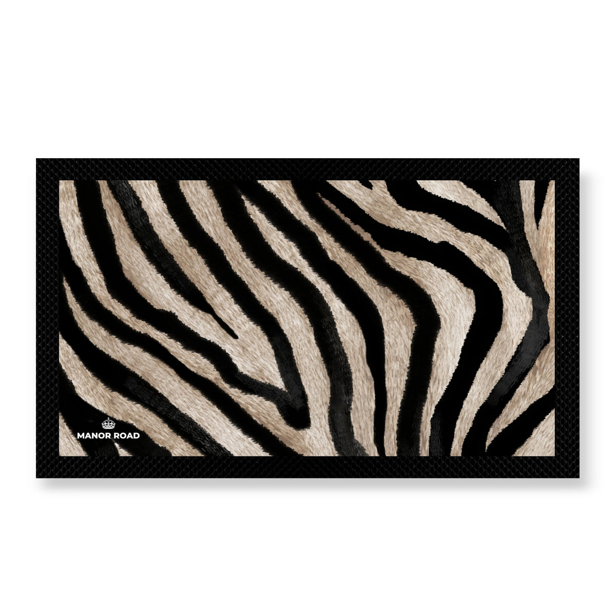 Black rubber backed bar mat with zebra style print on front. Perfect for bar and drink areas. 