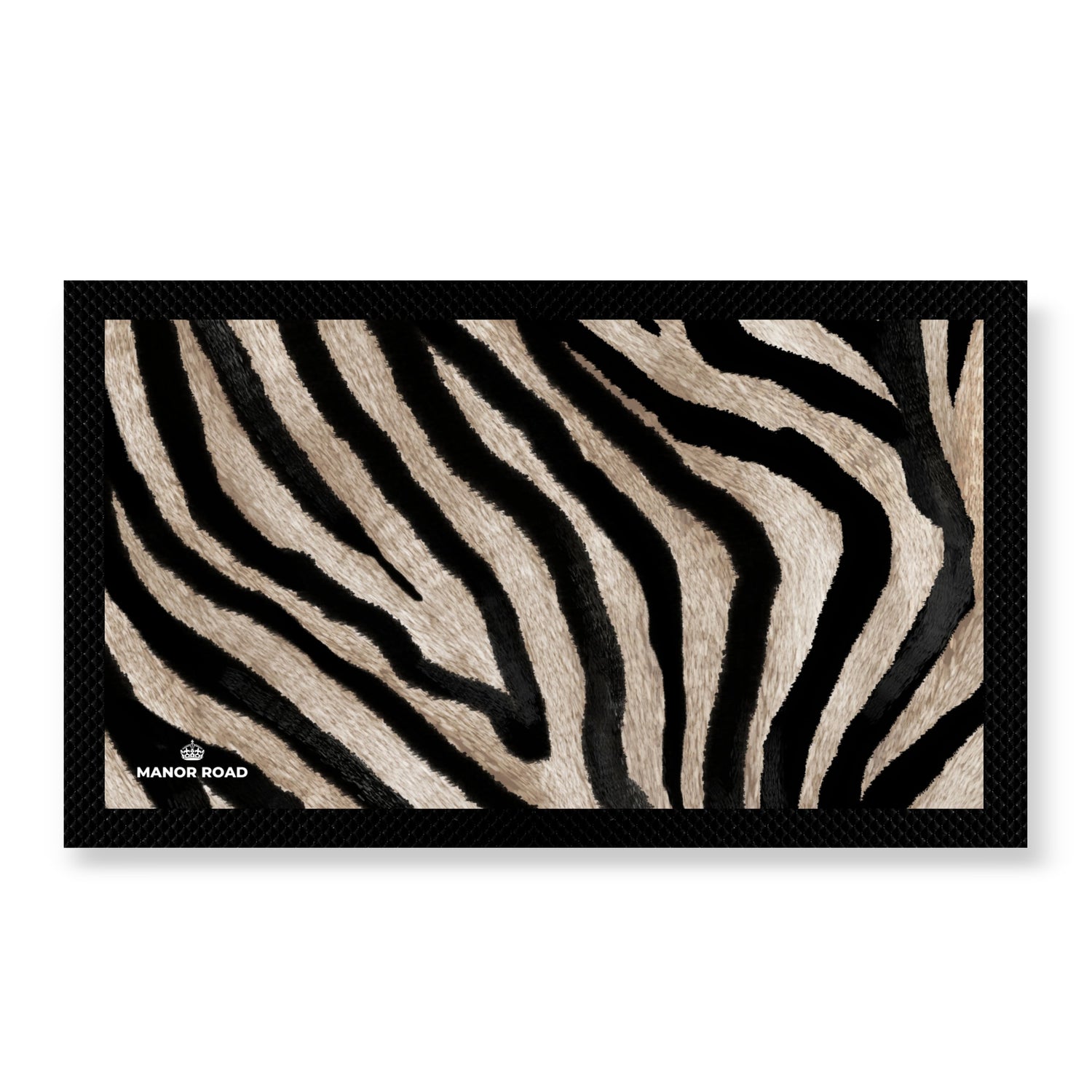 Black rubber backed bar mat with zebra style print on front. Perfect for bar and drink areas. 