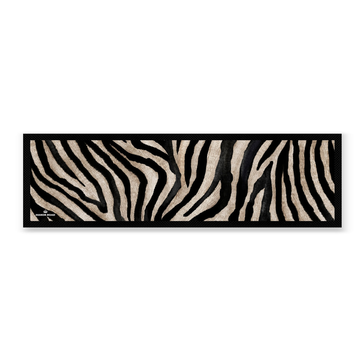 Large zebra barmat with black rubber backing. Zebra print on front. Great for bar and drinks areas. 