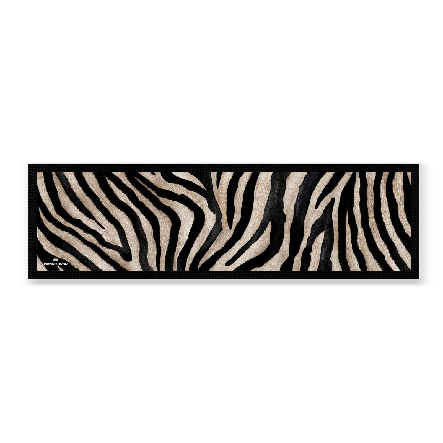 Large zebra barmat with black rubber backing. Zebra print on front. Great for bar and drinks areas. 