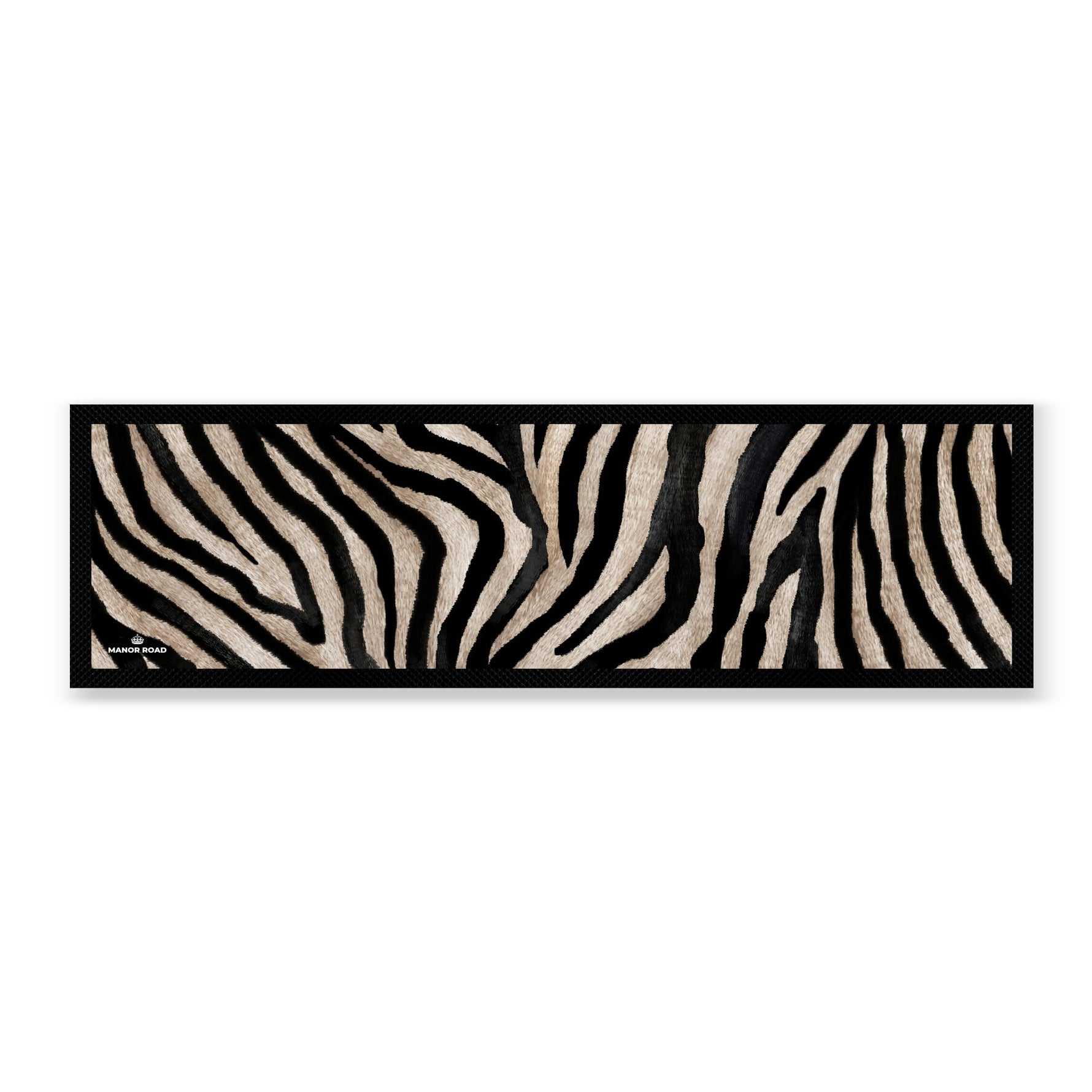 Large zebra barmat with black rubber backing. Zebra print on front. Great for bar and drinks areas. 