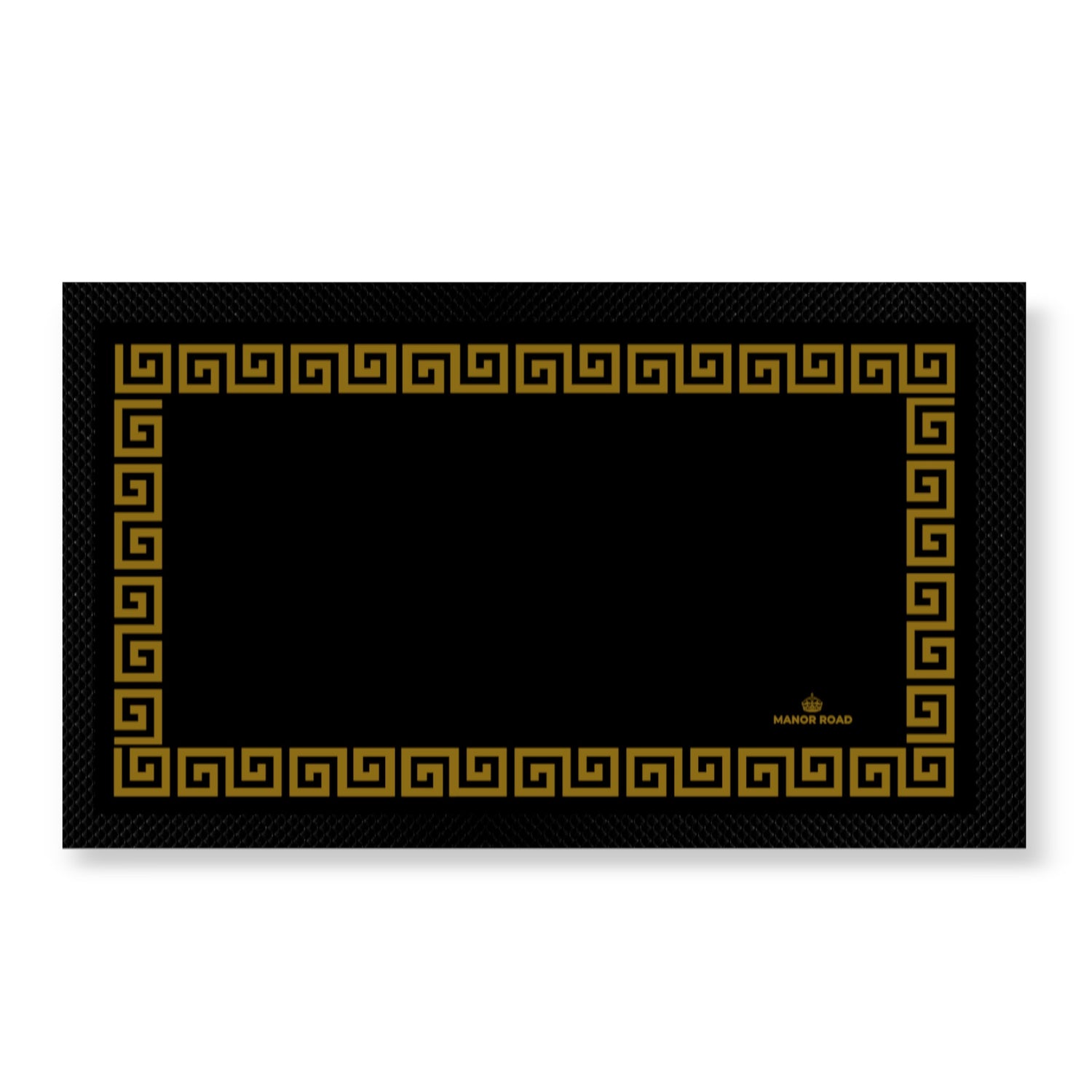 Black bar mat with gold key border design. Rubber backed to protect surfaces from spills. 