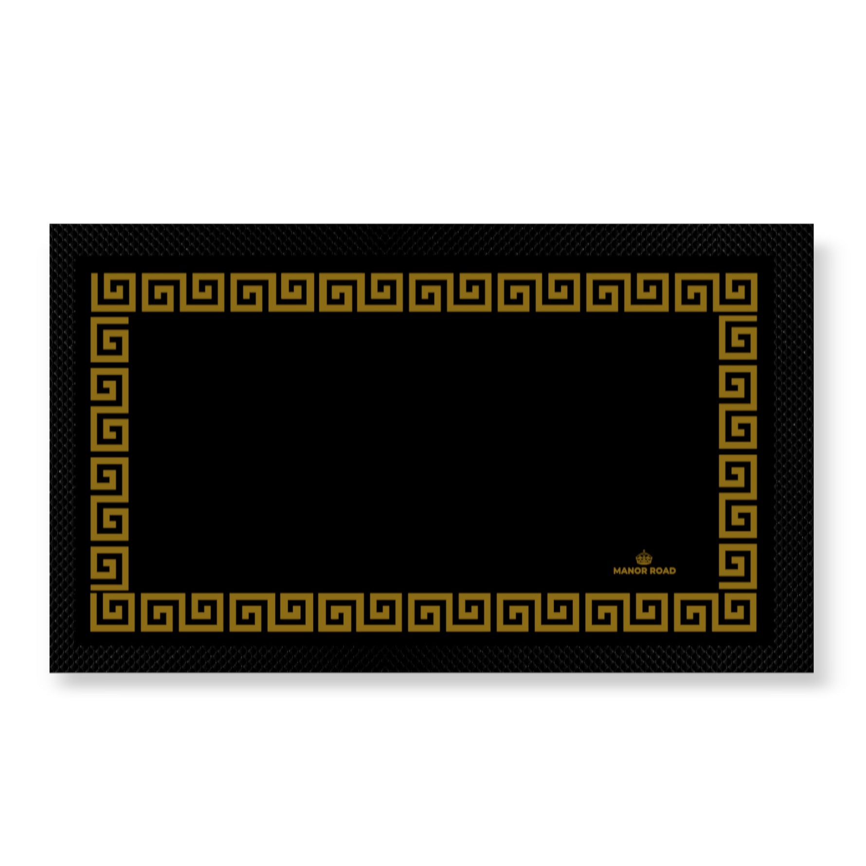 Black bar mat with gold key border design. Rubber backed to protect surfaces from spills. 