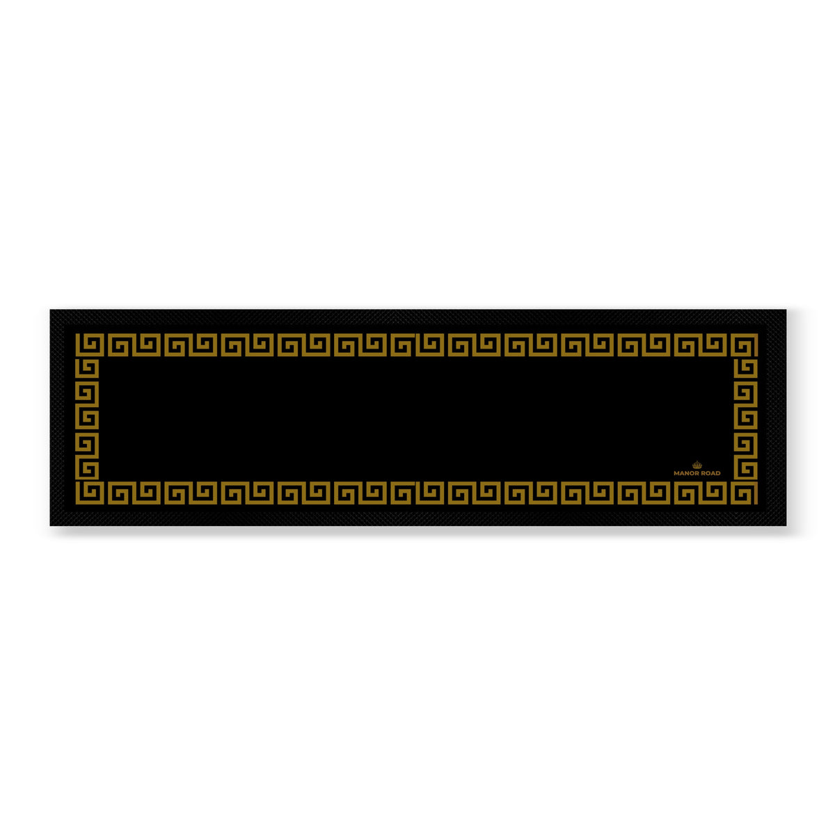 Black rubber backed bar mat with gold key design. Great for bar or drinks areas to protect benches from spills. 