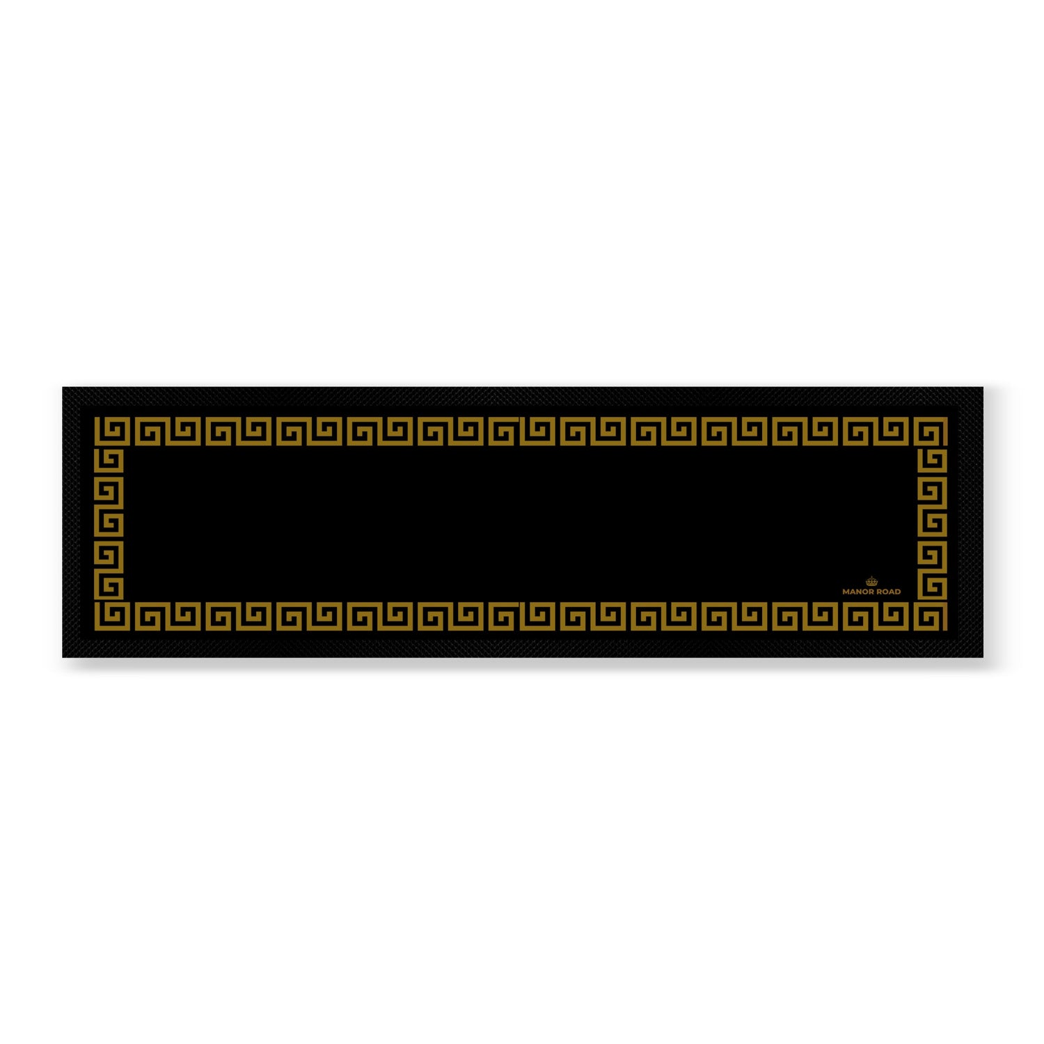 Black rubber backed bar mat with gold key design. Great for bar or drinks areas to protect benches from spills. 