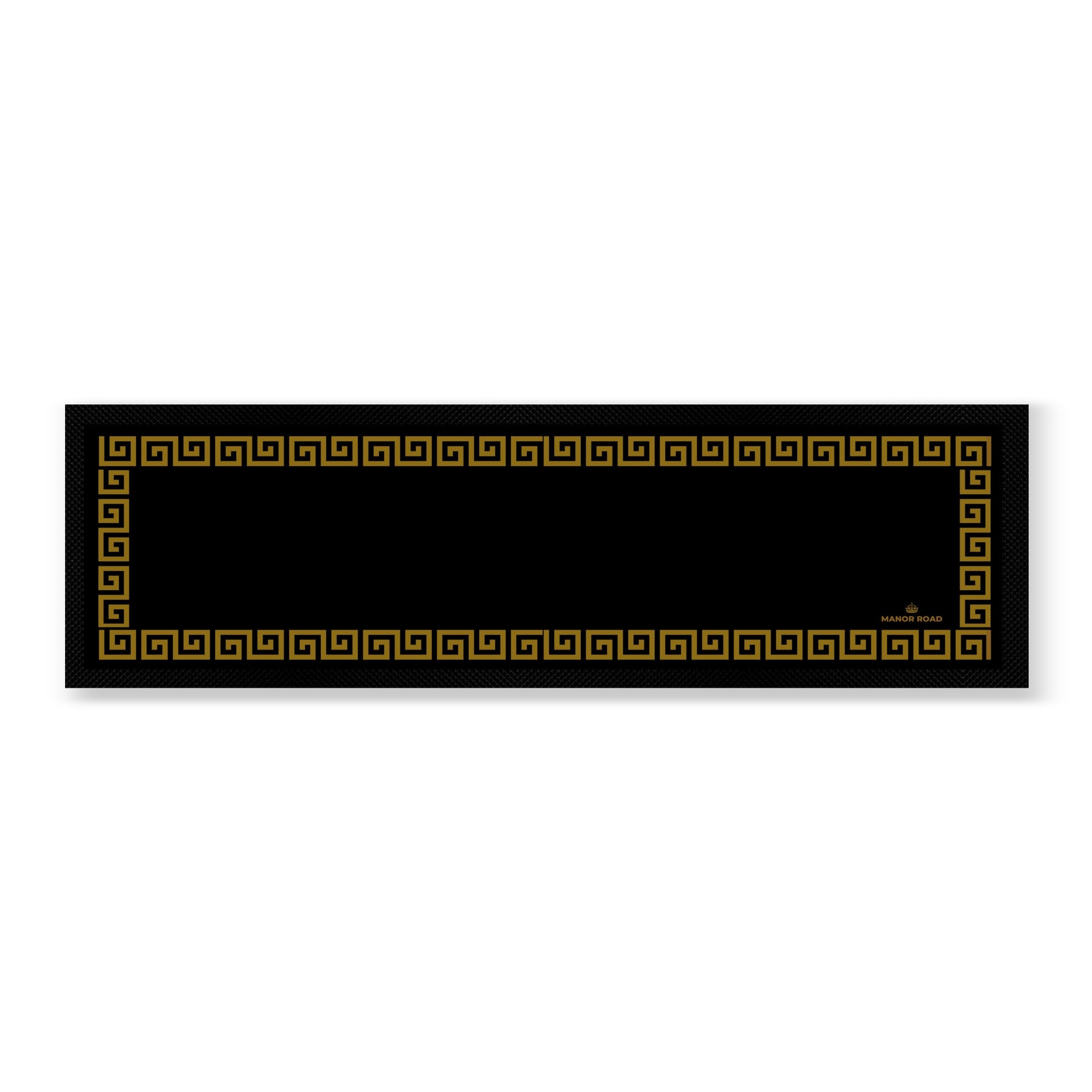Black rubber backed bar mat with gold key design. Great for bar or drinks areas to protect benches from spills. 