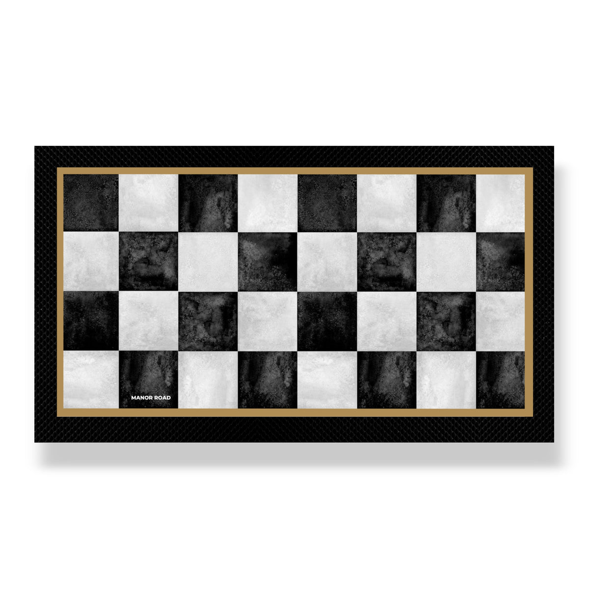 Black & white marble style check bar mat with black rubber backing. Gold edging design. 