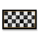 Black & white marble style check bar mat with black rubber backing. Gold edging design. 