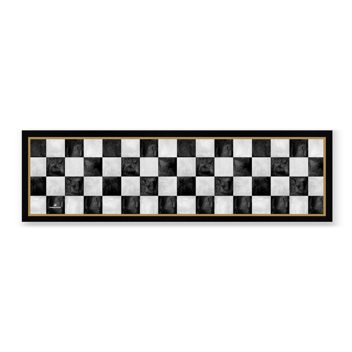 Large black & white marble style check bar mat with black rubber backing. Gold edging design. 