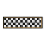 Large black & white marble style check bar mat with black rubber backing. Gold edging design. 