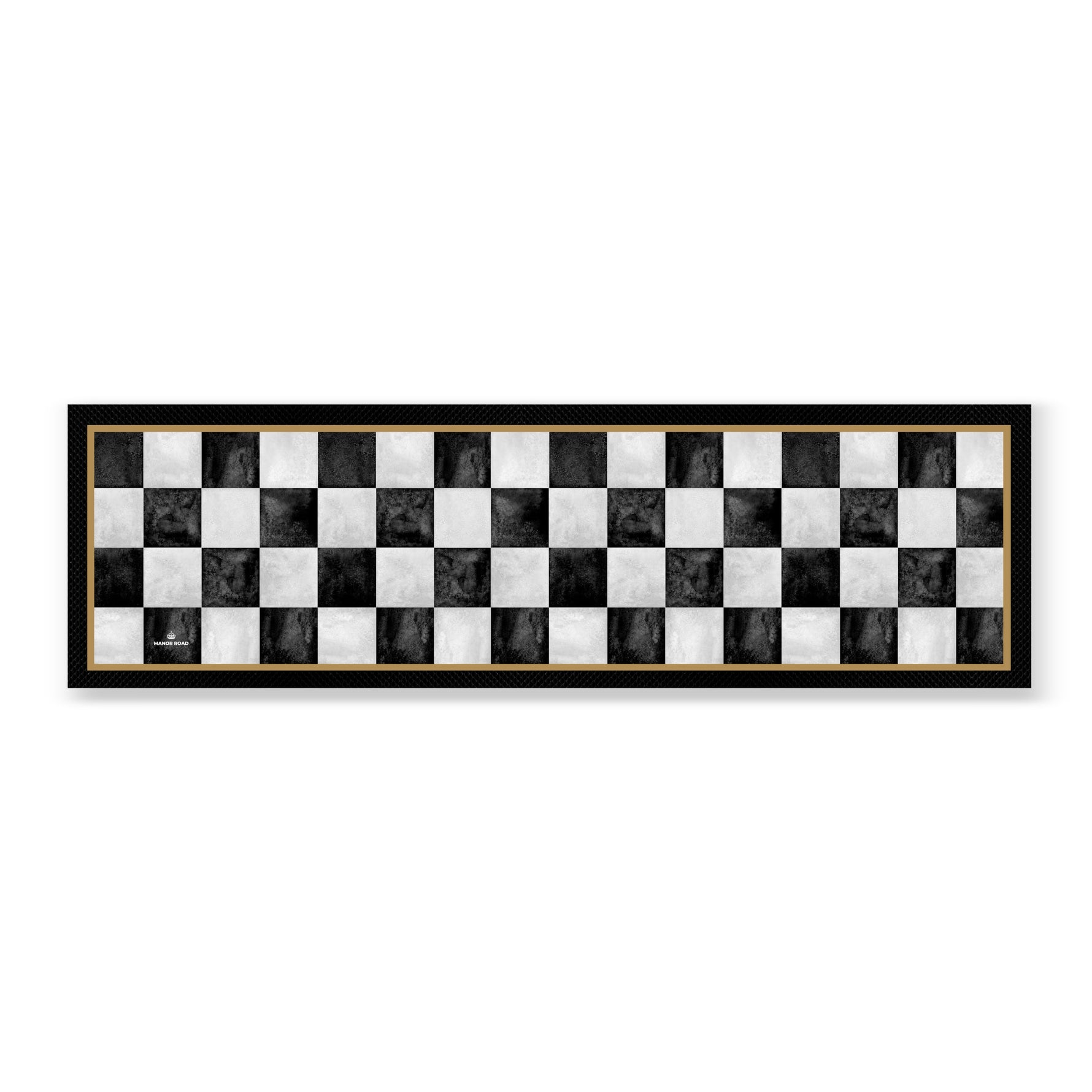 Large black & white marble style check bar mat with black rubber backing. Gold edging design. 