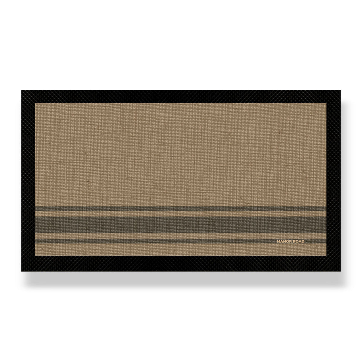 Black rubber backed Bar Mat with Coffee striped linen look print. Great for drinks and bar areas to protect from spills and damage. 