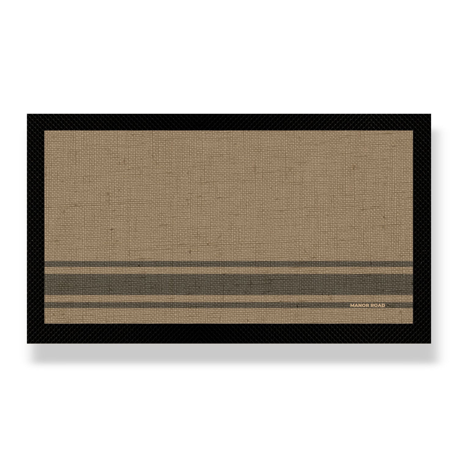 Black rubber backed Bar Mat with Coffee striped linen look print. Great for drinks and bar areas to protect from spills and damage. 