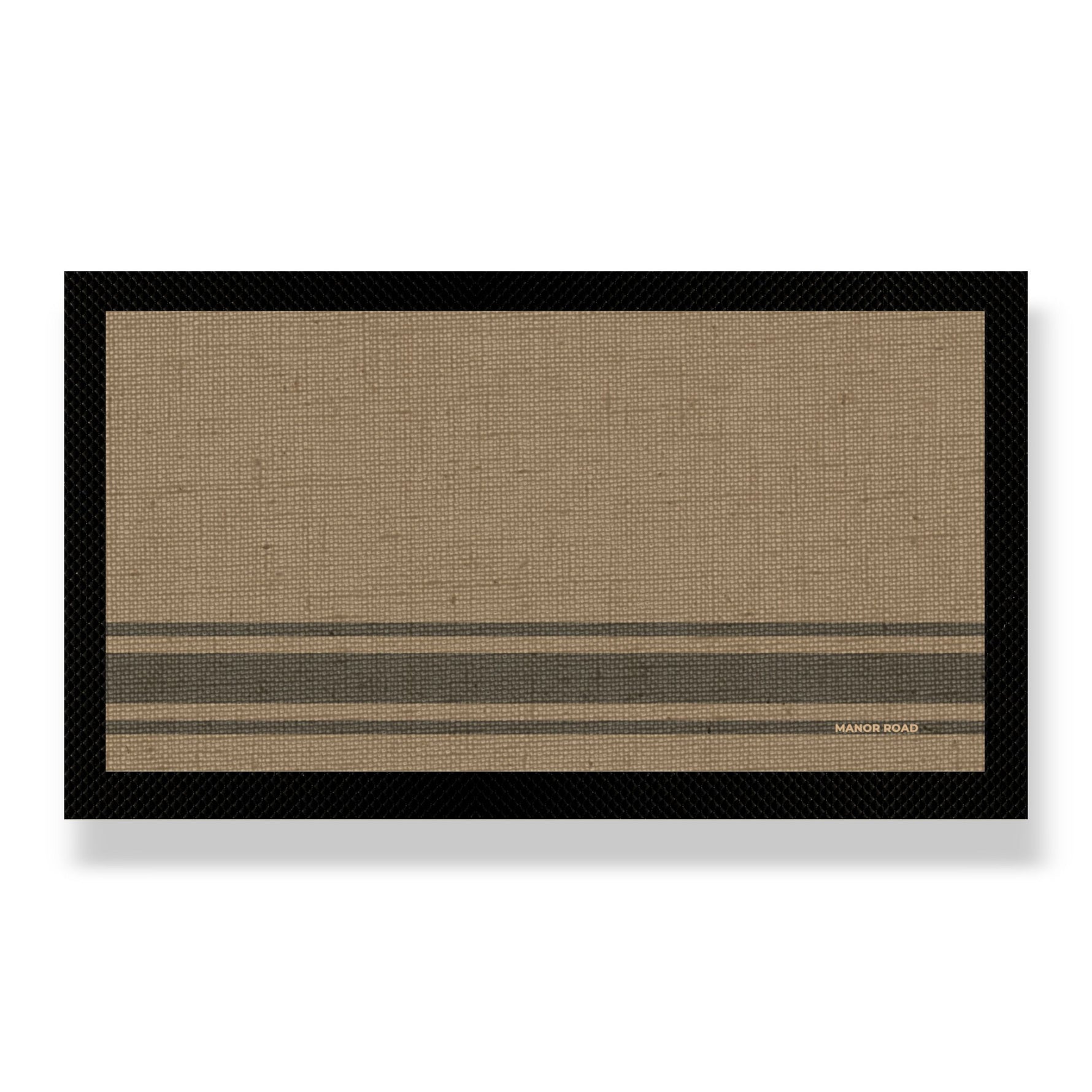 Black rubber backed Bar Mat with Coffee striped linen look print. Great for drinks and bar areas to protect from spills and damage. 