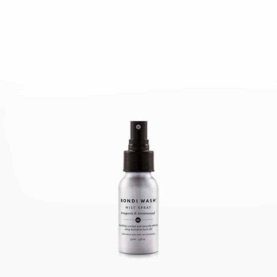 A silver spray bottle of Bondi Wash Mist Spray with a black pump, centered against a solid white background.