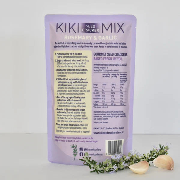 Kikki Seed Cracker Mix packaging with rosemary and garlic on a light background