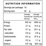A nutrition facts label showing serving size, calories, protein, fat, carbohydrates, and sodium amounts for a packaged food product.