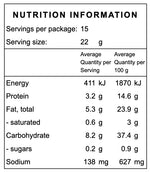 A nutrition facts label showing serving size 22 g and average quantities per serving and per 100 g for energy, protein, fat, saturated fat, carbohydrate, sugars, and sodium on a white background.